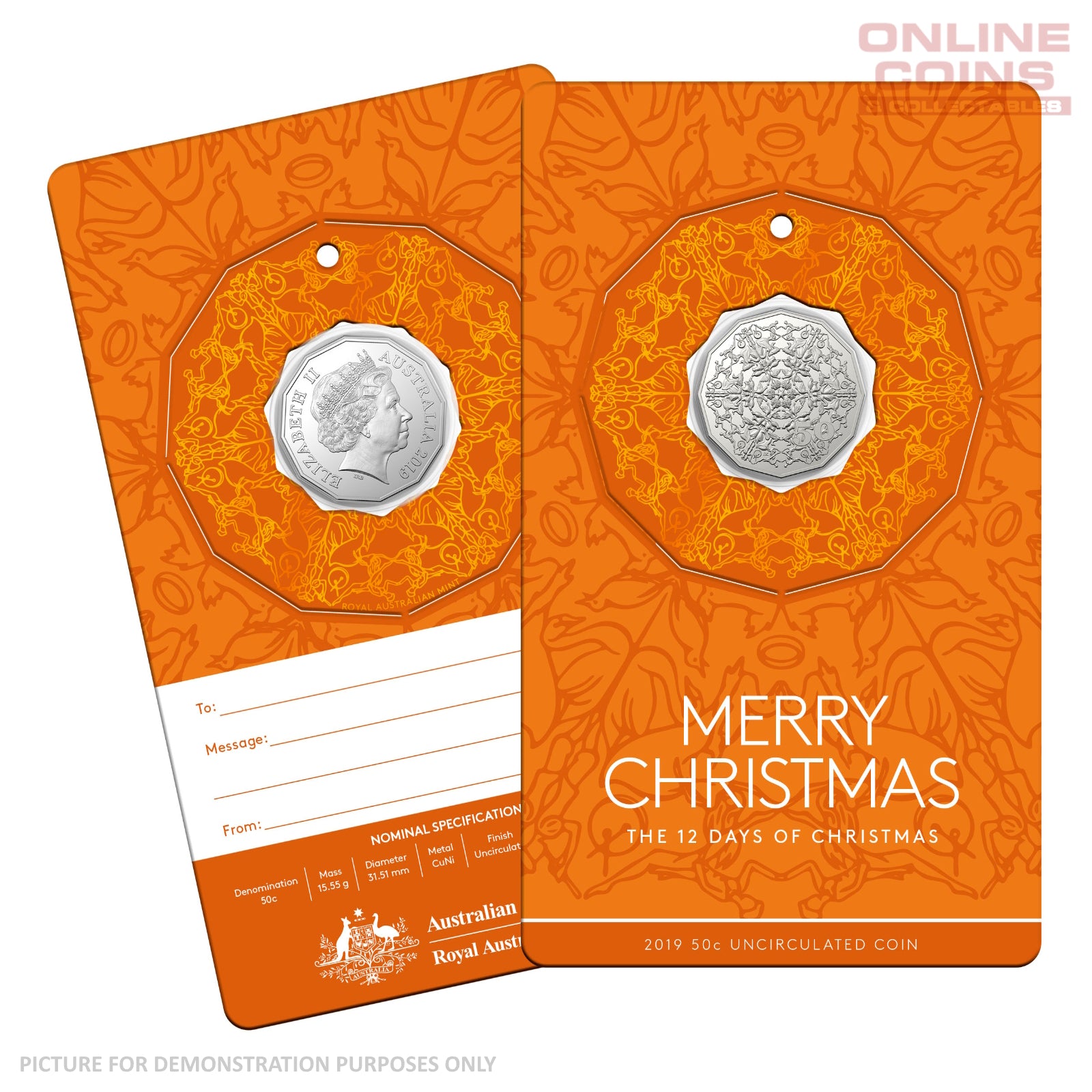 2019 50c CuNi Uncirculated Carded Coin - Christmas Orange